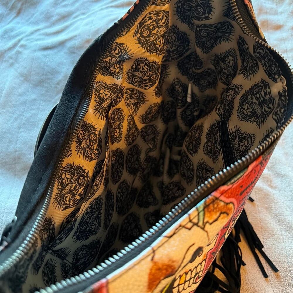 Ed Hardy skull and rose tattoo print fringe hobo shoulder bag - Picture 4 of 4